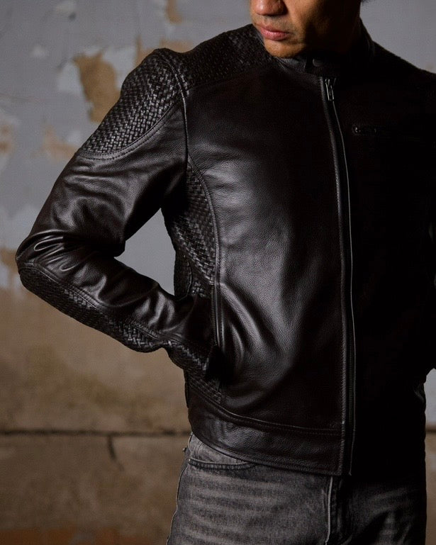 Woven Panel Biker Jacket