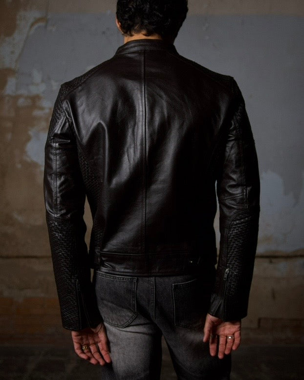 Woven Panel Biker Jacket