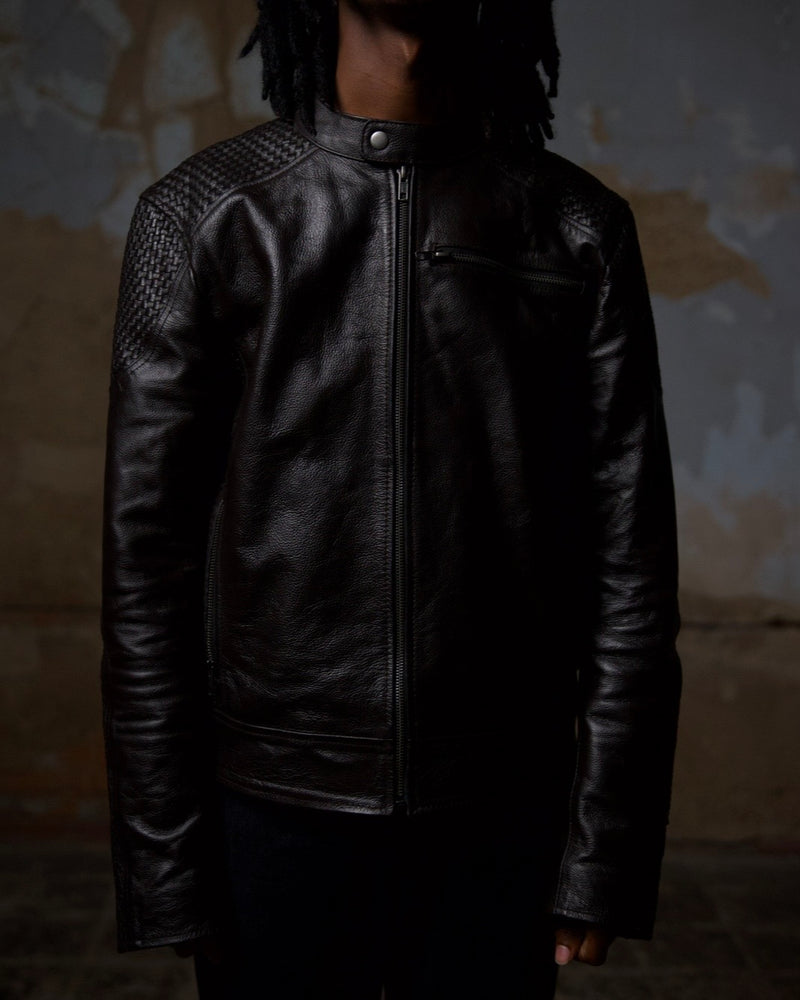 Woven Panel Biker Jacket
